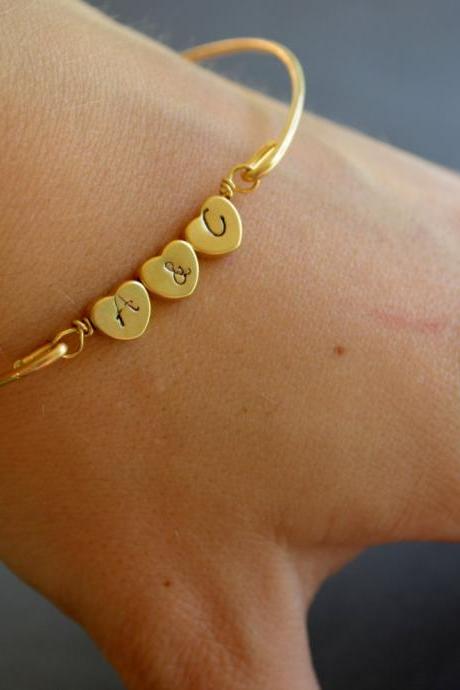 Personalized Triple Heart Bangle Bracelet-Gold Personalized Heart Bangle- Initial Jewelry- Minimalist Jewelry- Bridesmaids Gifts
