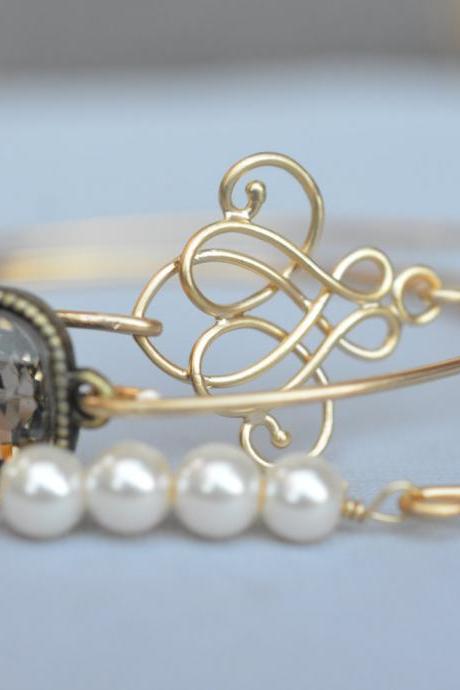 Elegance Bangle Bracelet Set- Elegant Cursive Celtic Knot- Smoky Topaz Bangle- Pearl Bangle- Rhinestone Bangle- Bridesmaids Gift Ideas