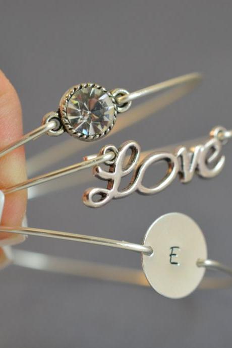 PERSONALIZED Sparkly Love Bangle Bracelet Set- Silver Love Charm Jewelry- Crystal Rhinestone- Bridesmaids Gifts- Minimalist Jewelry