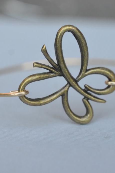 Butterfly Brass Bangle Bracelet- Bronze Bangle- Vintage Gold Bangle- Bridesmaids Gift Ideas- Casual Wear- Minimalist- Wire Bangle- Filigree