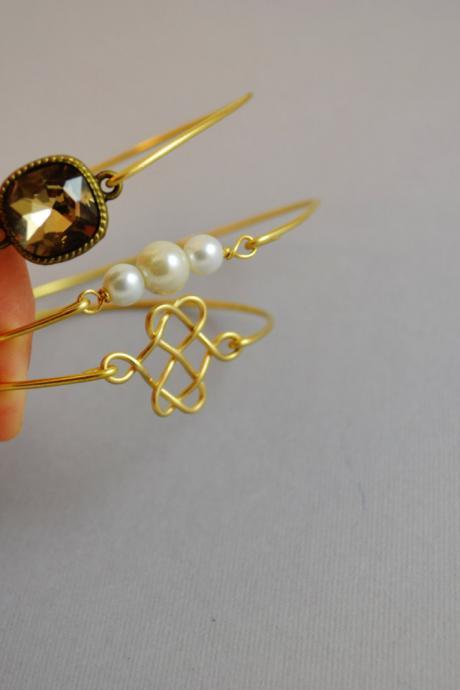 Blissful Bangle Bracelet Set- Elegant Cursive Celtic Knot- Smoky Topaz Bangle- Pearl Bangle- Rhinestone Bangle- Bridesmaids Gift Ideas