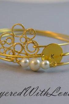 Joy Bangle Bracelet Set- Bubble Charm- Personalized Initial Disc- Stamped Disc- Bangle- Gold Bangle Set-Pearl Bangle- Bridesmaids Gift