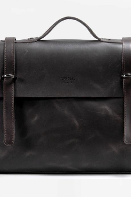 15"Rugged Genuine Leather Briefcase - laptop - Messenger Bag - Leather Laptop - Men's Bag-T036