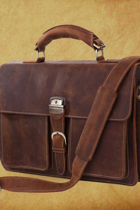 High quality genuine leather Bag / Rugged Leather Briefcase / Messenger / Laptop / Men's Bag/Bag Large 16" in Dark Brown--Y16