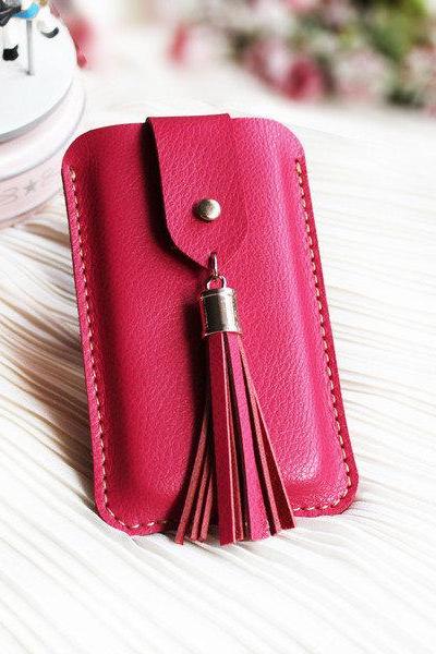 Handmade Genuine Leather Phone case in Rose red/ Wallet / sister / iphone5 / iphone4s / leather case / travel / Women / For Her