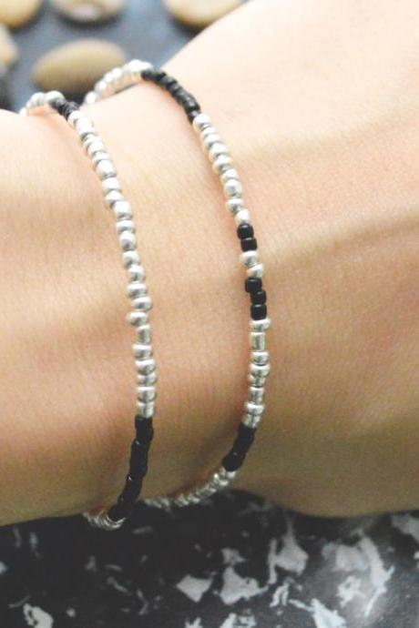 C-098 Silver Beaded bracelet, Layered, Double strand, Black Seed bead bracelet, Simple bracelet, Modern bracelet/Everyday jewelry/