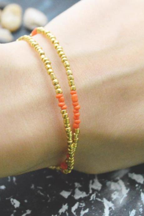 C-095 Gold Beaded Bracelet, Layered, Double Strand, Orange Seed Bead Bracelet, Simple Bracelet, Modern Bracelet/everyday Jewelry/