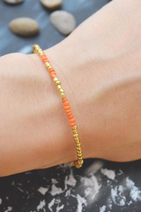 C-092 Gold Beaded bracelet, Seed bead bracelet, Orange beads, Simple bracelet, Modern bracelet/Everyday jewelry/