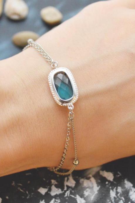 C-089 Sapphire bracelet, Silver framed bracelet, Layered bracelet, Simple bracelet, Ball chain, Silver plated/Everyday jewelry/