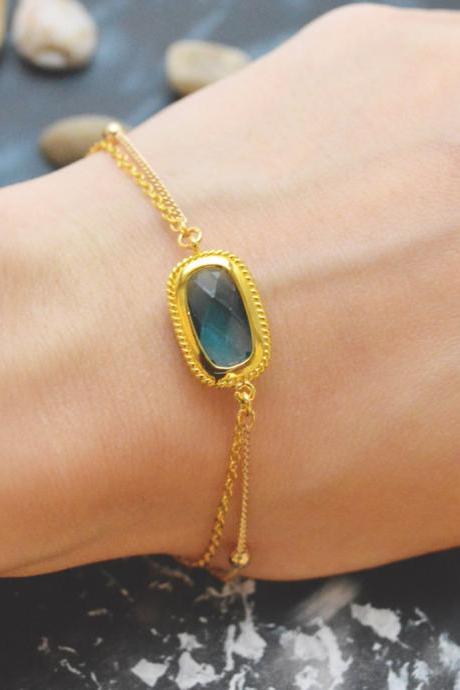 C-088 Sapphire bracelet, Gold framed bracelet, Layered bracelet, Simple bracelet, Ball chain, Gold plated/Everyday jewelry/