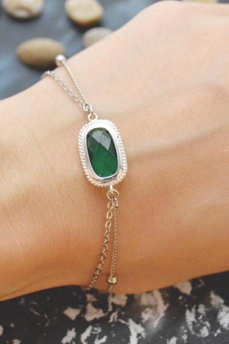 C-087 Emerald bracelet, Silver framed bracelet, Layered bracelet, Simple bracelet, Ball chain, Silver plated/Everyday jewelry/