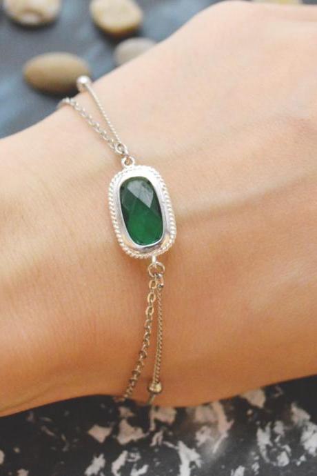 C-087 Emerald Bracelet, Silver Framed Bracelet, Layered Bracelet, Simple Bracelet, Ball Chain, Silver Plated/everyday Jewelry/