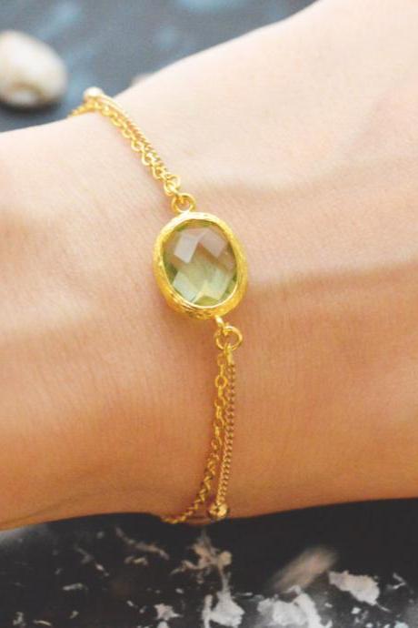 C-081 Peridot bracelet, Gold framed bracelet, Layered bracelet, Simple bracelet, Ball chain, Gold plated/Everyday jewelry/