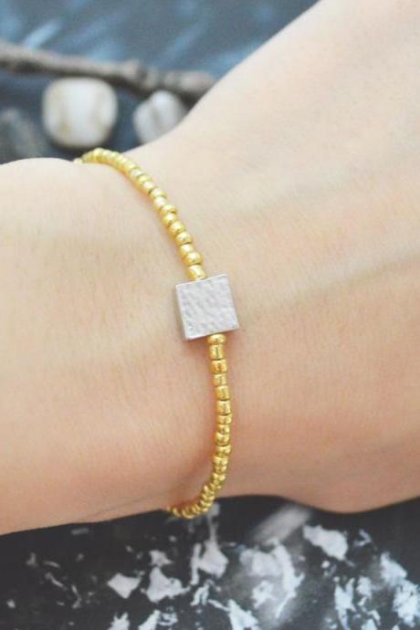 C-114 Gold Beaded bracelet, Seed beads bracelet, Square bracelet, Simple, Modern bracelet, Silver plated /Everyday jewelry/