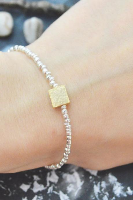 C-113 Silver Beaded bracelet, Seed beads bracelet, Square bracelet, Simple, Modern bracelet, Gold plated/Everyday jewelry/