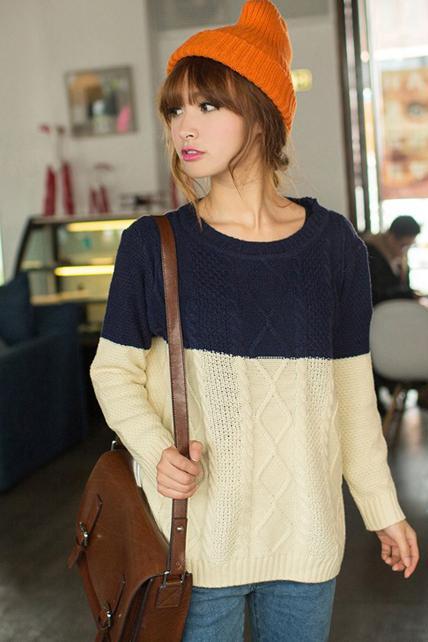 Loose Color Blocking Sweater Pullover - Beige&Navy Blue