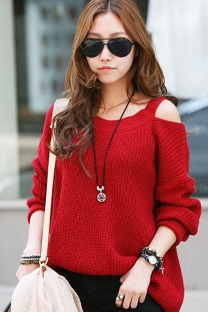 Red Casual Cold Shoulder Pullover Sweater