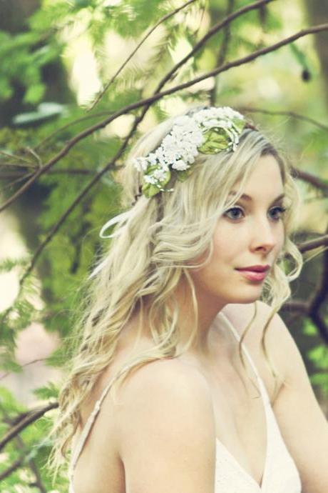 white bridal flower crown, wedding hair accessories, wedding flower wreath silk flower headband