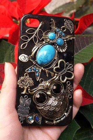 Antique Bronze Fantacy Owls Black Case For iPhone 4 4s