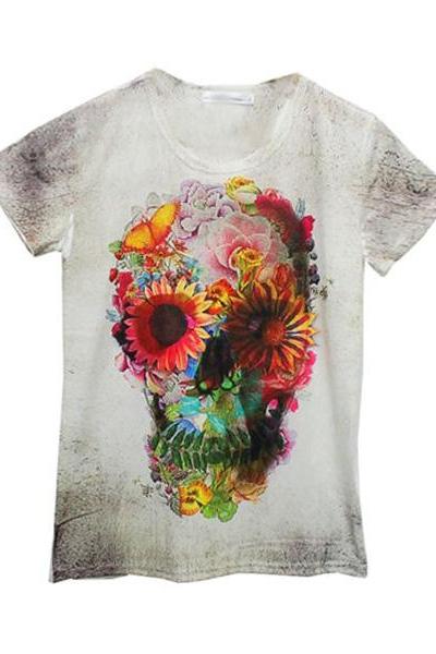 * Ship* Floral And Skull Print T-shirt