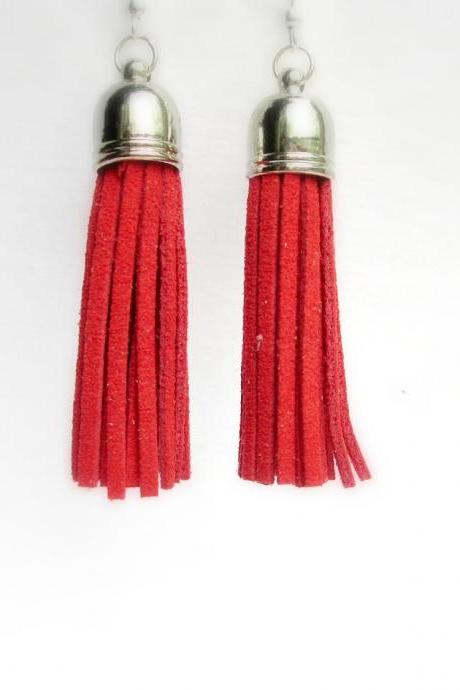 Red Tassel Earrings, Faux Suede Tassel Earrings