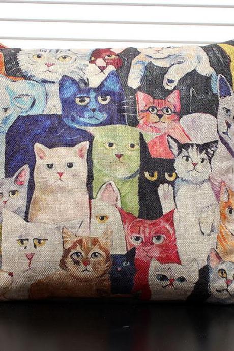 A lot of cats hand-drawn style linen vintage Japanese cartoon sofa pillow decorate&cushion cover
