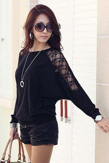 Black Bat Wing Lace Top
