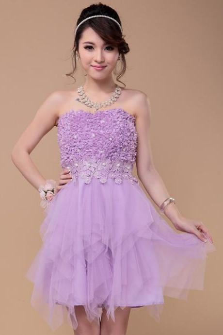 Beading Flower Mini Bridesmaid Dress Design The Bride Evening Dress-purple
