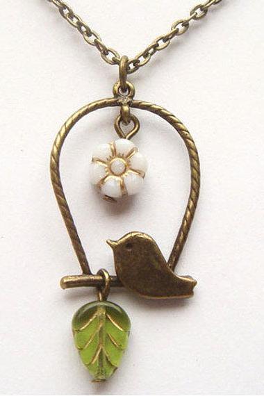 Antiqued Brass Bird Green Czech Glass Flower Leaf Necklace