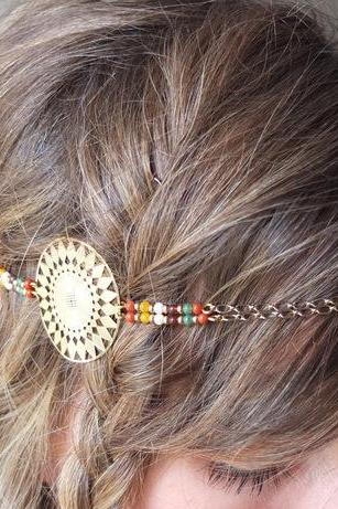 Sioux Headband golden and red colored beads