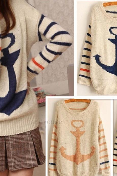 New Fashion Korea Style Women's Sweater Casual Anchor back thicker plush soft striped long sweater Top
