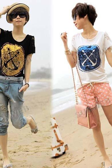 women's t-shirt Short Sleeve Cotton Anchor Pattern Lace Splicing Sequins T-shirt Tops 2 Colors