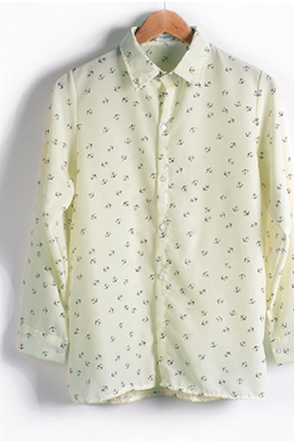 Fashion Anchor Print Turn-down Collar shirt Women Loose Chiffon Shirt Long Sleeve Top 2colors[CW010026]