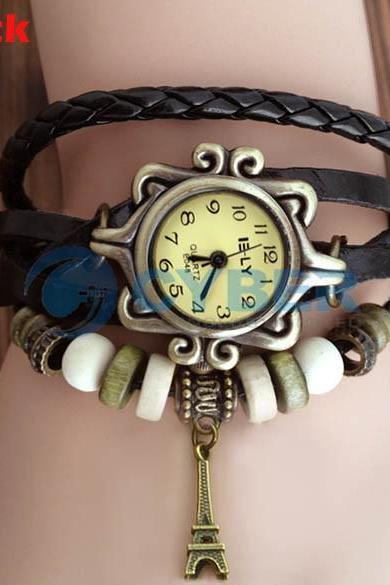 5Colors Vintage Women Vintage Iron Tower Pattern Weave Wrap Quartz Leather Wrist Watch Bracelet Wristwatch Great Gift 18655