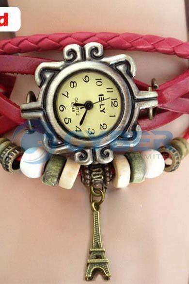5Colors Vintage Women Vintage Iron Tower Pattern Weave Wrap Quartz Leather Wrist Watch Bracelet Wristwatch Great Gift 18655