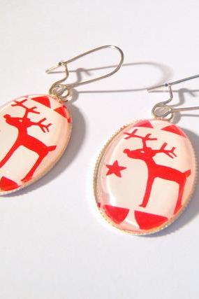 Red Santa Reindeer Earrings with Stars Winter Handmade