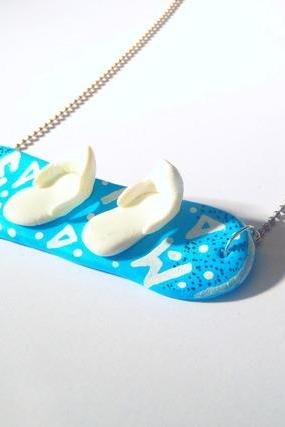 Handmade necklace Blue SNOWBOARD with White Shoes