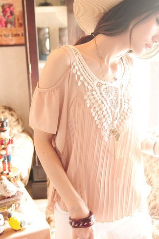 Summer Women Ladies Sexy vintage crochet lace pleated chiffon lotus leaf sleeve Off-shoulder tops Shirts [CWC00066*1]