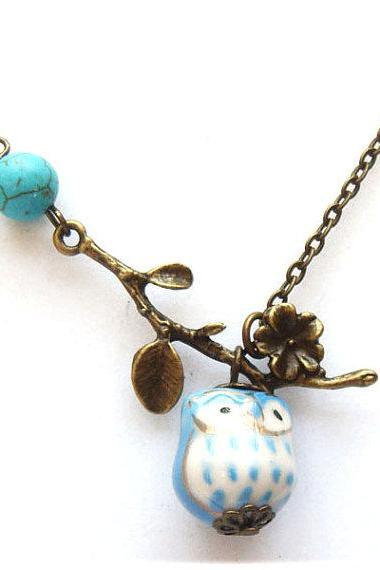 Antiqued Brass Leaf Turquoise Porcelain Owl Necklace