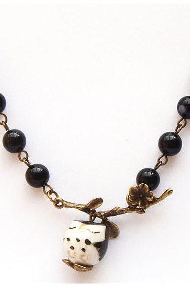 Antiqued Brass Leaf Black Agate Porcelain Owl Necklace