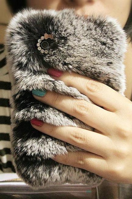 Luxury real top rex rabbit hair fur plush Soft leather shell case for iphone 5 5G 4 4s 4G bow Diamond elegant case