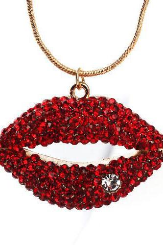 Sexy Red Lips Charming Ruby Necklace Gold Chain Sweater Chain Women Long Necklaces 1215