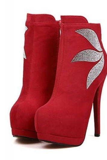 Red Rhinestone Design High Heel Boots