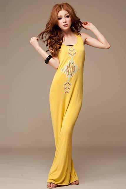 Shiny Pattern Print Scoop Neck Cotton Dress - Yellow