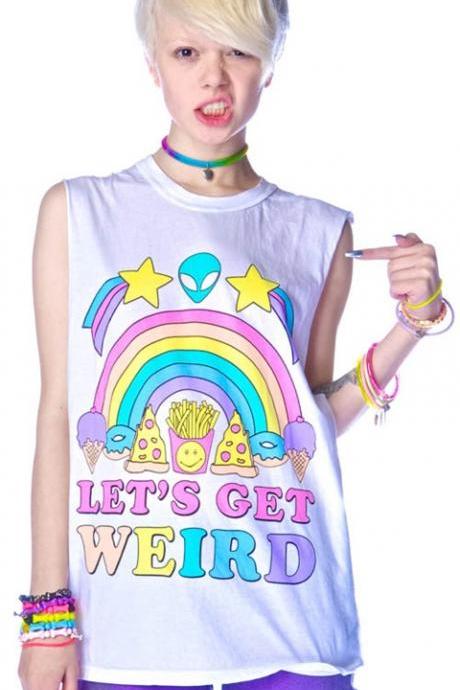 Colourful Graphic Sleeveless Tee Featuring Lets Get Weird Slogan 