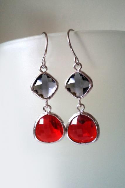 Charcoal Grey And Red Earrings. Red And Black Chandeliers. Red And Grey Dangles. Silver Dangles. Silver Earrings. Silver Chandeliers. Bridal,