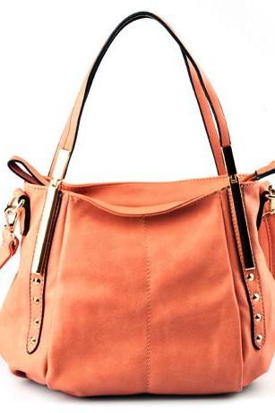 Pink Tangerine Leather Handbag. Pink Hobo. Pink Tote. Pink Handbag.