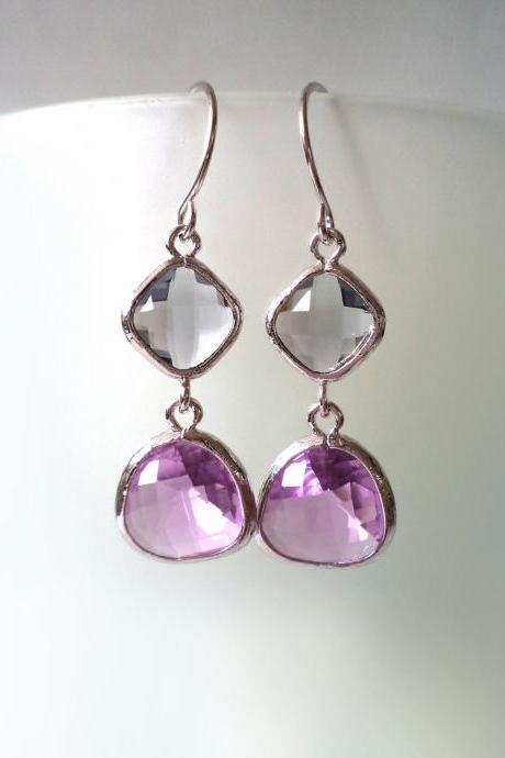 Charcoal and Purple Crystal Earrings. Lilac and Grey Dangles. Grey and Lavender Chandeliers. Bridal, Bridesmaids Gifts.