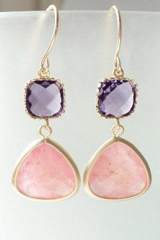 Pink and Purple Earrings. Pink and Purple Dangles. Pink and Violet Chandeliers. Rose Quartz. Amethyst Quartz. Bridal, Bridesmaids Gifts.