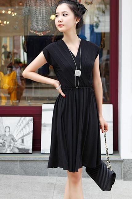 Charming V Neck Cap Sleeve Cotton Wrap Dress - Black